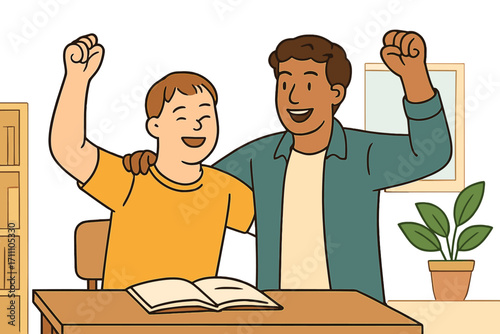 A young, cheerful man with Down syndrome, along with his mentor friend, celebrates success inside the school
