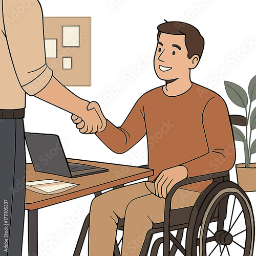 Greetings to our team: a close-up of a young male office worker in a wheelchair extending his hand to a colleague as they collaborate in a creative workspace, highlighting disability inclusion