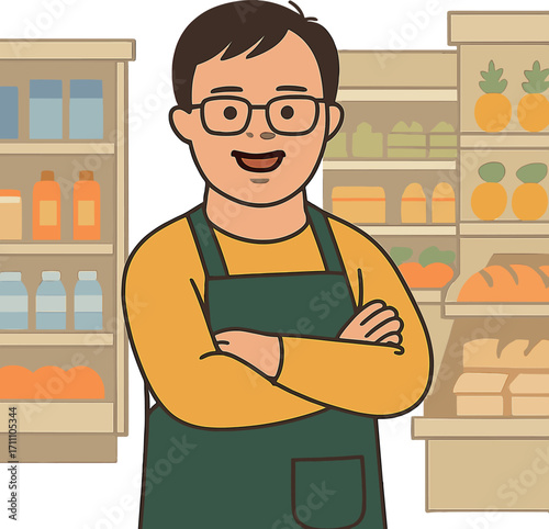 A cheerful supermarket worker with Down syndrome standing in a grocery store