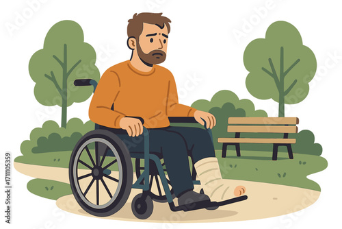 Nach dem Autounfall im Rollstuhl – ein Mann mit Behinderung im Park im Close‑Up