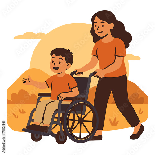 At sunset, a beautiful little boy with a disability rides a wheelchair with his mother, exemplifying a child with disabilities