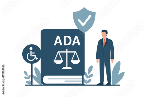 Concept of a tiny person under the Americans with Disabilities Act (ADA) protection law, illustrated with a vector depicting civil employee discrimination prevention in US state work regulations, for