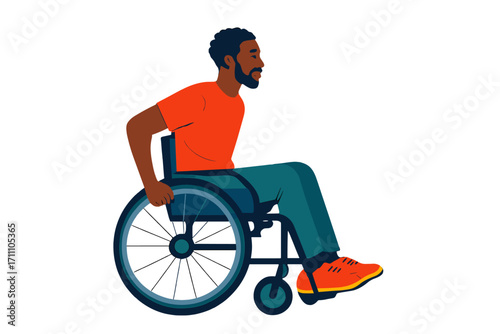 Colorful full-length portrait of an African American man with a disability, seated in a wheelchair outdoors, moving against a yellow wall in an urban setting