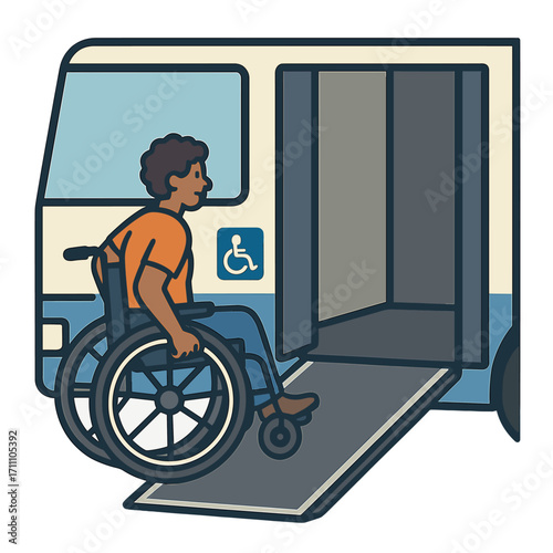 A person with a physical disability boards public transport using an accessible ramp