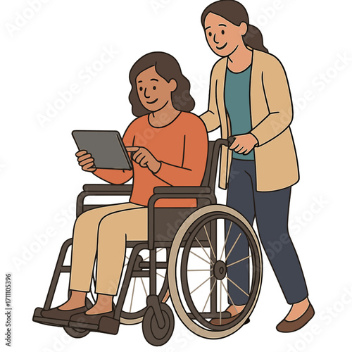 A disabled woman uses a tablet PC while seated in a wheelchair with a caregiver at home