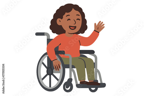 A cheerful, smiling cartoon woman with a disability who moves in a wheelchair