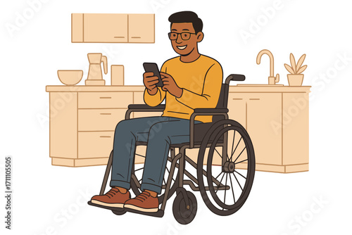 A full-length shot of an Indian man with a disability resting in a modern apartment kitchen, happily wearing glasses and casual attire while texting on his smartphone