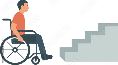 A wheelchair-bound man halted before the stairs, highlighting accessibility problems; people with physical disabilities cannot use stairs, and on World Disability Day we must end discrimination