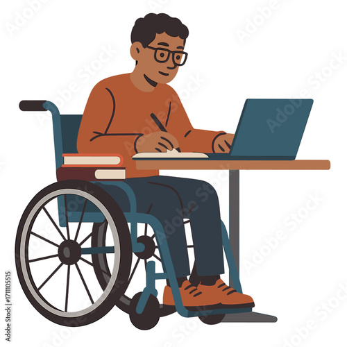 A bright student with a disability studies in a public area