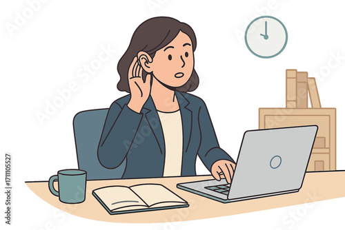 A deaf businesswoman uses a hearing aid to stay productive in her office, while a young female employee listens to information indoors, highlighting healthcare, senses, and listening