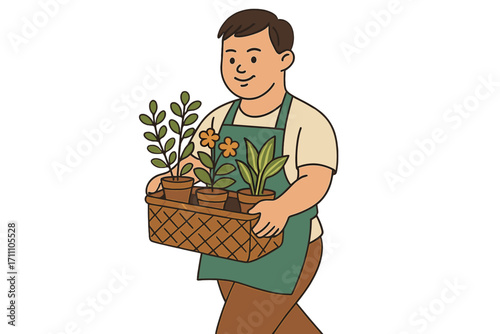 A young man with Down syndrome is working at a garden centre, carrying a basket of plants
