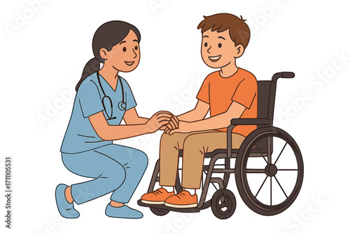 A concept of healthcare support for disabled individuals, featuring a doctor holding the hand of a wheelchair-bound teen during a visit, and a content impaired adolescent with a young nurse at home