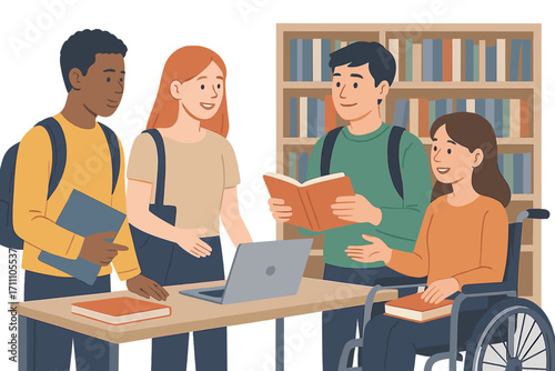 A diverse group of young people, including a female student with a disability, discuss work in a college library