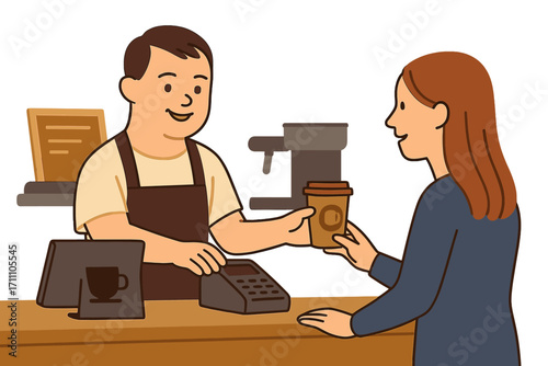 A man with Down syndrome is serving a female customer at the coffee shop checkout