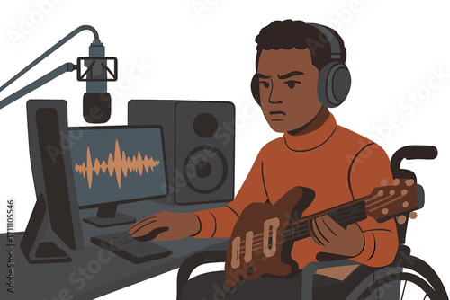 A young, serious African American musician with a disability studies a computer screen displaying sound visualizations in a studio