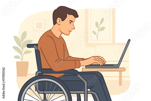 A young Caucasian male with a disability, seated in a wheelchair, types on a wireless laptop in a brightly lit living room while working remotely for an international company