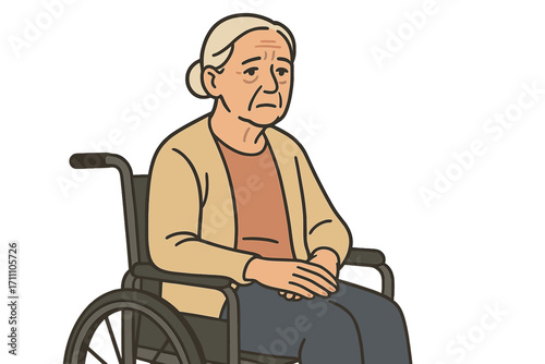 A close-up of an elderly disabled woman sitting alone in a wheelchair