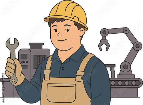 A young man with Down syndrome employed in an industrial factory, illustrating social integration
