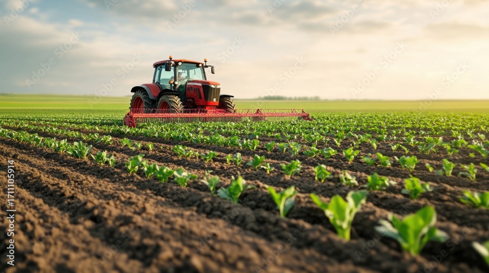 Fototapeta premium Red Tractor Cultivating Green Crops on Expansive Agricultural Field