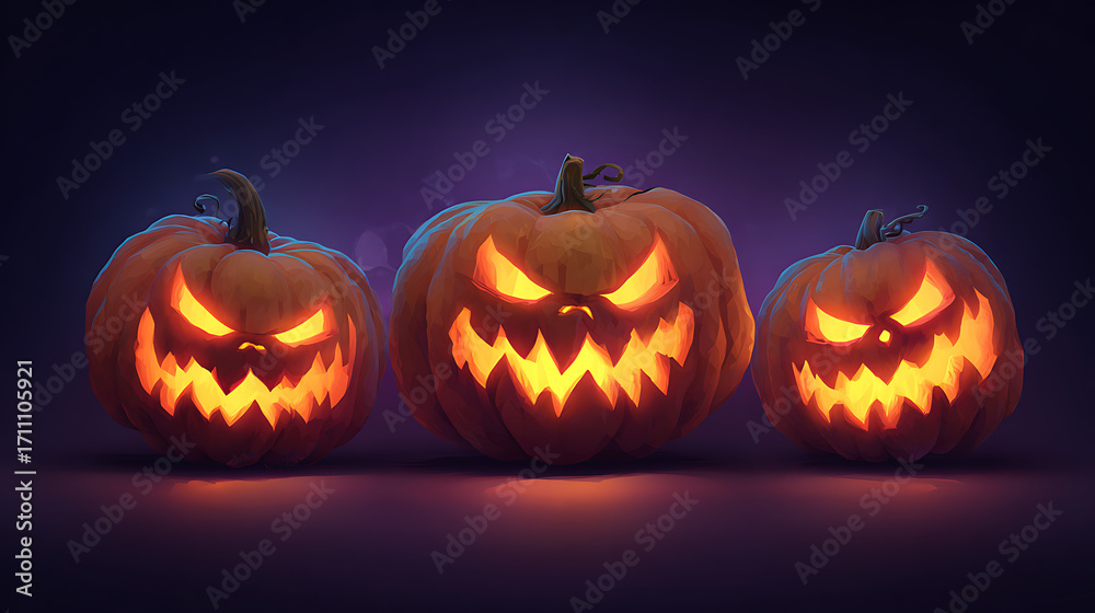 Fototapeta premium Three menacingly carved Halloween pumpkins glowing ominously against a dark background