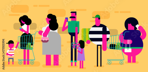 People shopping icons colored cartoon characters sketch