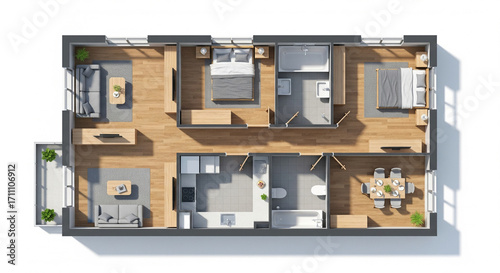 Modern Apartment Floor Plan Top View with Furniture Layout on Isolated transparent background