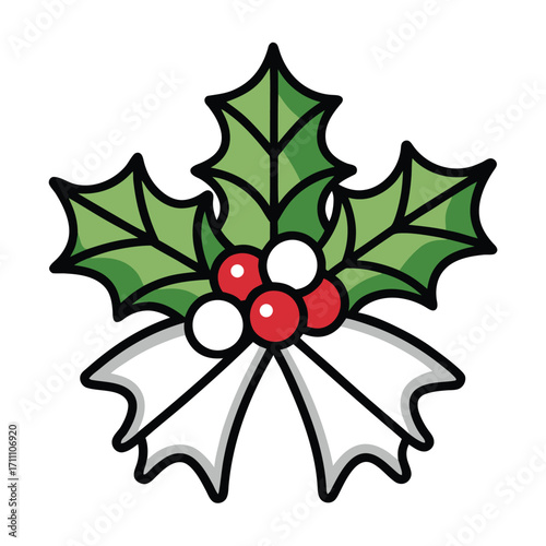 Festive holly berry sprig with white bow decoration