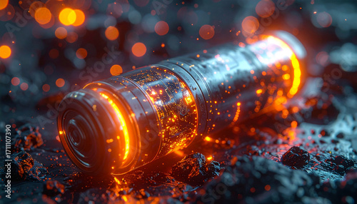 Burning Cell: The core of a dynamic energy cell glows intensely, casting a warm orange light, set amidst a scattering of charred particles, highlighting its potent power and potential.