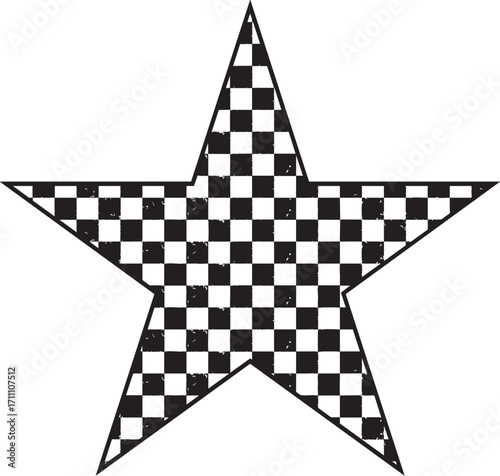 Black and White Checkered Star Vector Illustration, Grunge Checkered Star – Bold Black and White Line Art Illustration