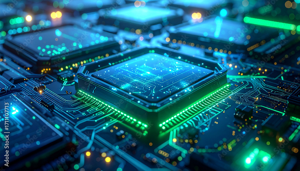 Fototapeta premium Cybernetic Core: Illuminated circuits and microchips glow in an electric blue and neon green futuristic world, emphasizing innovation and technological advancement. 