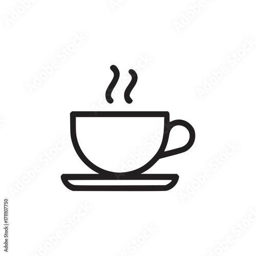 Illustration of a steaming cup of coffee on a saucer, the simple, minimalist design features clean lines and a modern aesthetic, perfect for conveying warmth and comfort