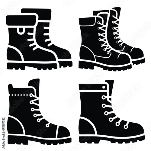 winter boots vector icon set, black color  and white background