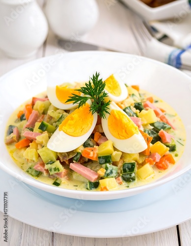 Colorful creamy dish with boiled eggs