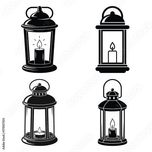 candle lantern vector icon set, black color  and white background