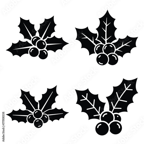 holly berries vector icon set, black color  and white background