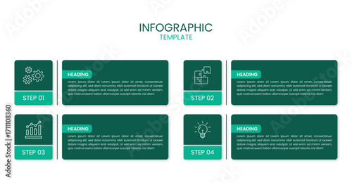 Modern 4-step business infographic template with green blocks, icons, and text layout. Perfect for workflow, process charts, data presentation, and reports.
