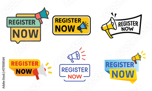 Collection of six diverse graphic design elements featuring the phrase register now with megaphone icons and speech bubbles for promotional campaigns