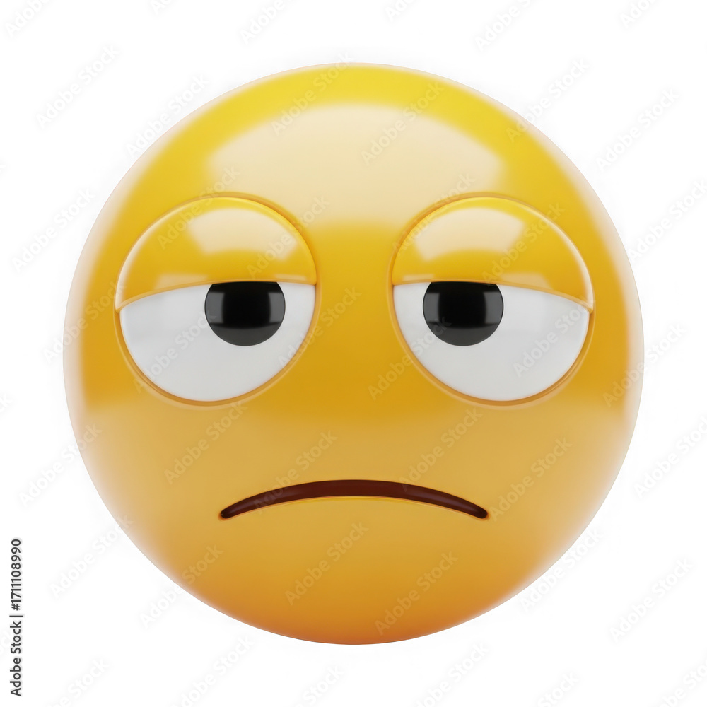 Fototapeta premium Sad yellow emoji face with tired eyes isolated on transparent background