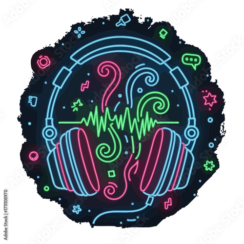Neon headphones music audio sound wave entertainment listening dj technology digital podcast studio design art