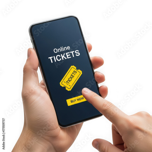 Hand holding a smartphone displaying online tickets with a buy now button, isolated on transparent background