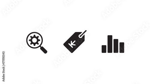 Three business icons for SEO price tag and graph data analytics Minimalist flat design Vector illustration