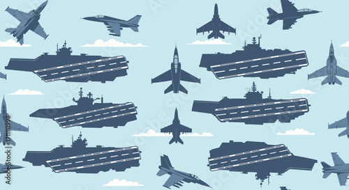 Aircraft carriers and fighter jets fly in formation across a light blue sky.