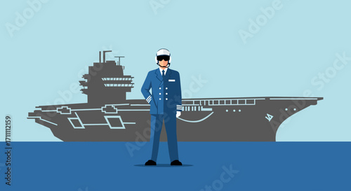 A uniformed captain stands confidently in front of a large aircraft carrier at sea.
