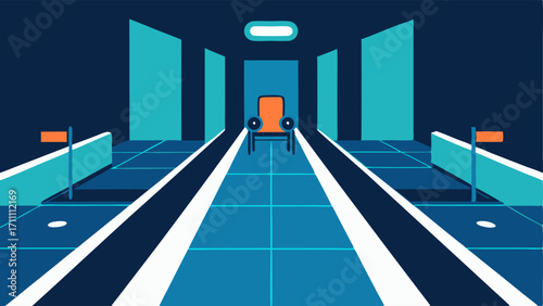 Accessible VR Space A spacious VR room designed for accessibility featuring wide paths adjustable chairs and tactile floor markings to guide users with visual impairments towards
