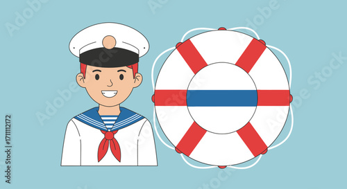 A cheerful young cartoon sailor boy in uniform stands next to a white and red lifebuoy.