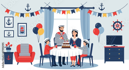 A happy family dressed in nautical sailor outfits celebrates a birthday with a decorated cake in their festive home.