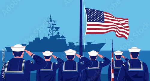 Sailors in uniform salute the American flag as it waves proudly, with a naval warship silhouetted in the background.
