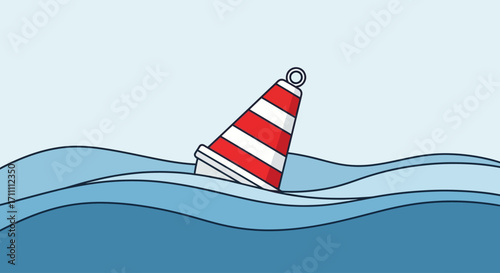 A stylized illustration of a red and white striped buoy floating in wavy blue water.