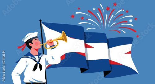 A sailor in a white uniform blows a golden bugle next to a large blue flag with red and white accents, set against a backdrop of festive fireworks.