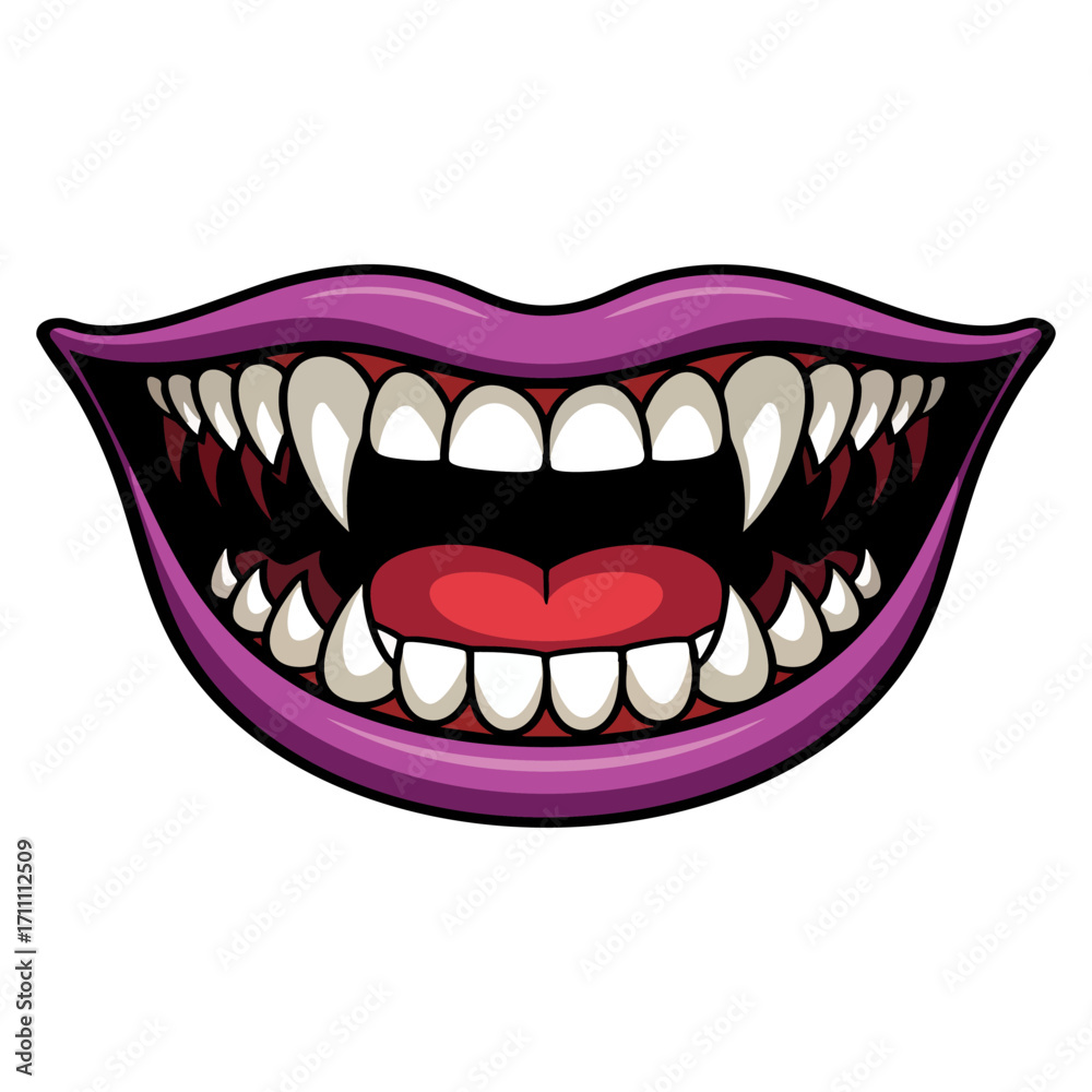 Naklejka premium Vector illustration of monster mouth with teeth and tongue isolated on white. Ideal for fantasy, goblin, troll, gremlin, Halloween, and magical graphics.